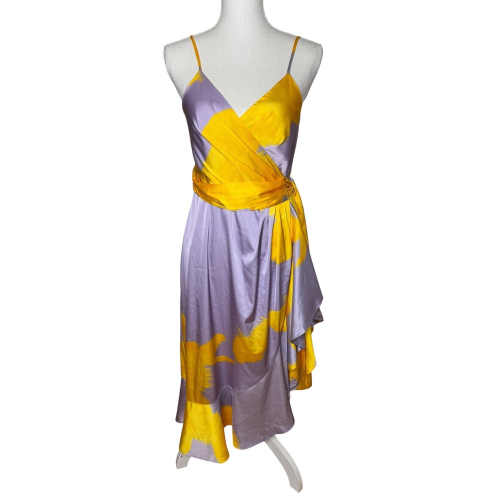 Hutch Cecily Lavender Yellow Glitch Print Satin Wrap Midi Dress Size M NWT